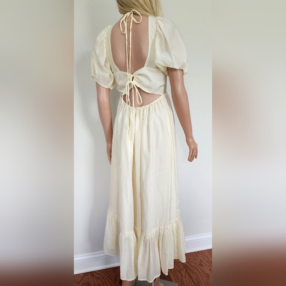 WAYF DRESS Puff sleeves yellow cream striped open back frills midi small NWT - Picture 2 of 16